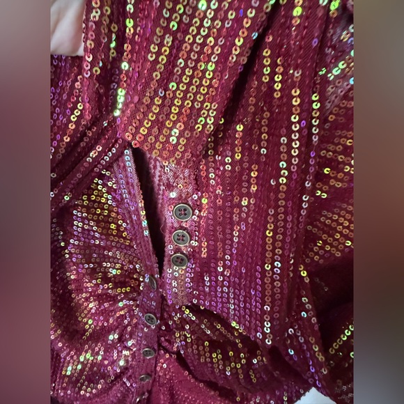 READ Free People Burgundy Sequin Button Down Shirt Top Sparkly Size XS - Picture 3 of 7